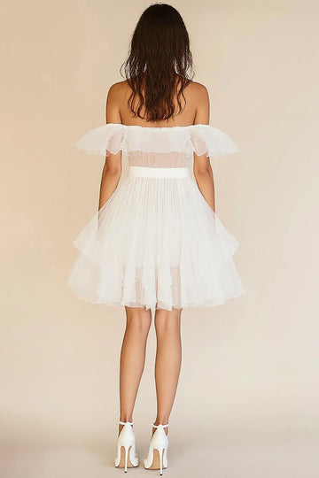 White A Line Off The Shoulder Ruffled Graduation Dress